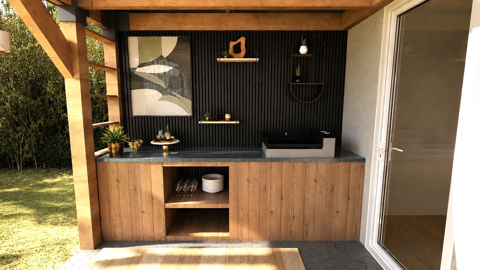 Visuel 3D photoréaliste d’une cuisine extérieure en bois sous une pergola