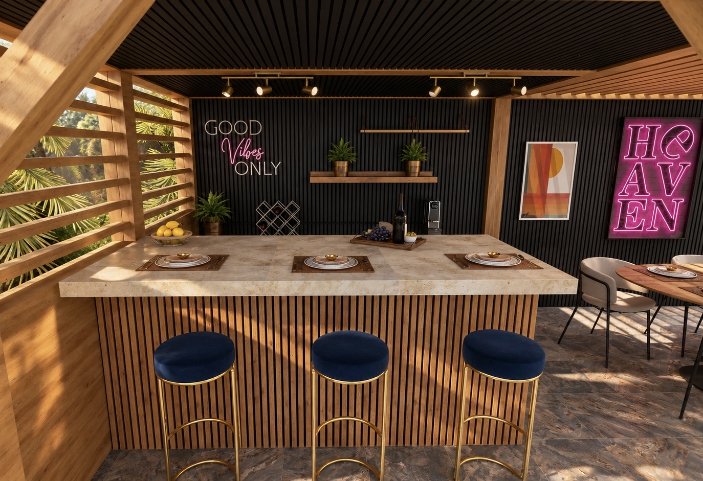 Visuel 3D photoréaliste rapproché du bar extérieur sous la pergola