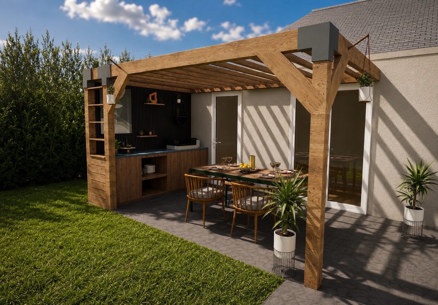 Visuel 3D d’une pergola en bois avec cuisine extérieure