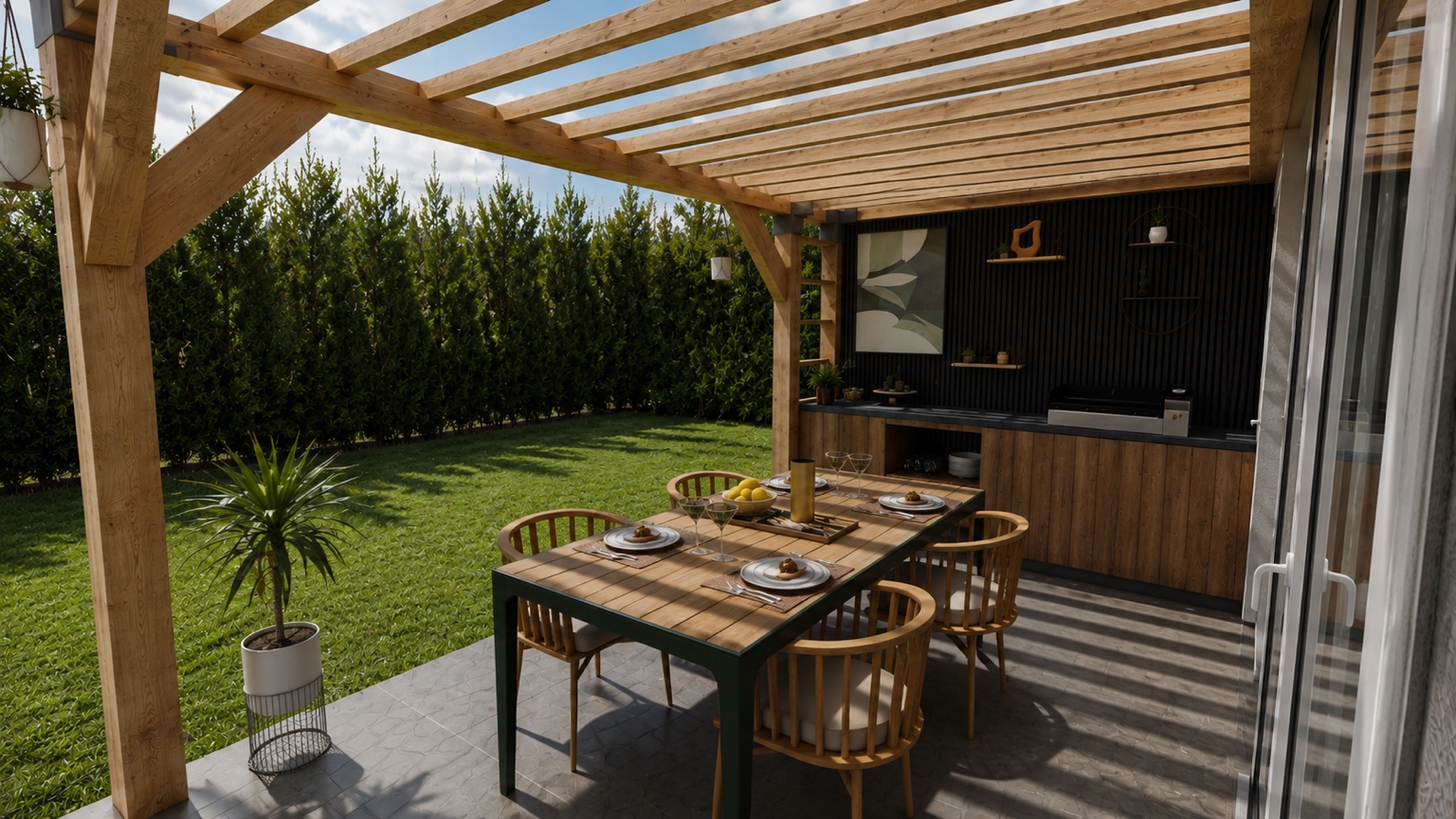 Visuel intérieur d’une pergola et de son espace repas