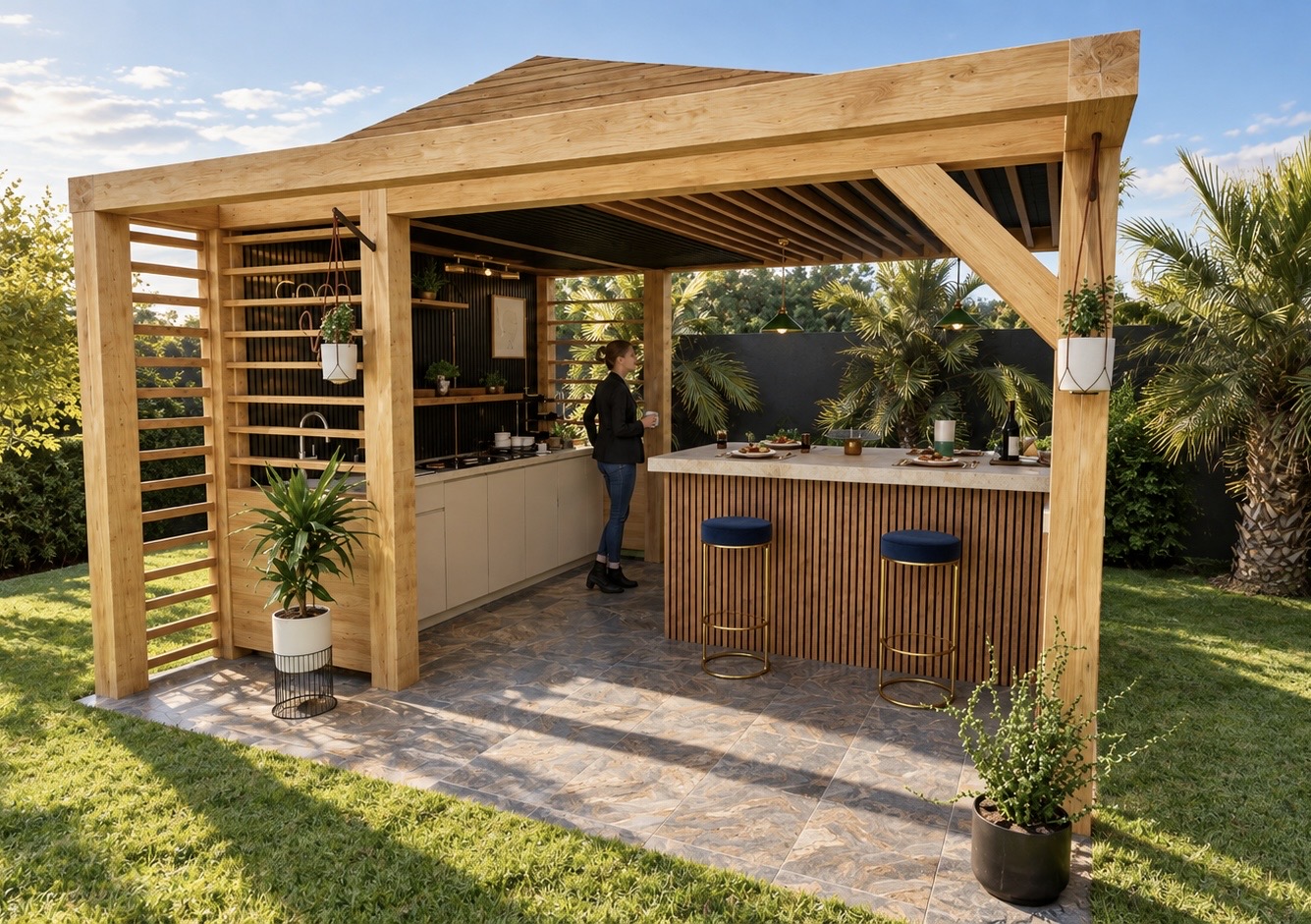 Visuel 3D photoréaliste d’une pergola en bois avec cuisine d’été et espace bar