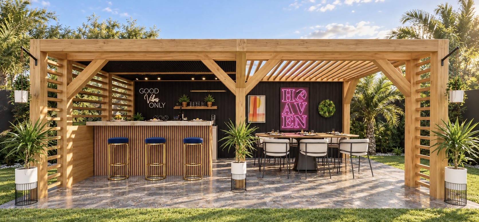 Visuel 3D photoréaliste de face d’une pergola double avec bar et espace repas